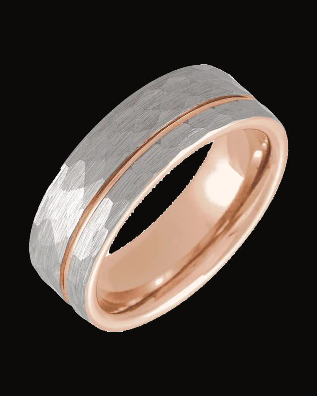 Grooved Comfort-Fit Flat Band with Hammer & Satin Finish — 18K Rose Gold PVD Tungsten