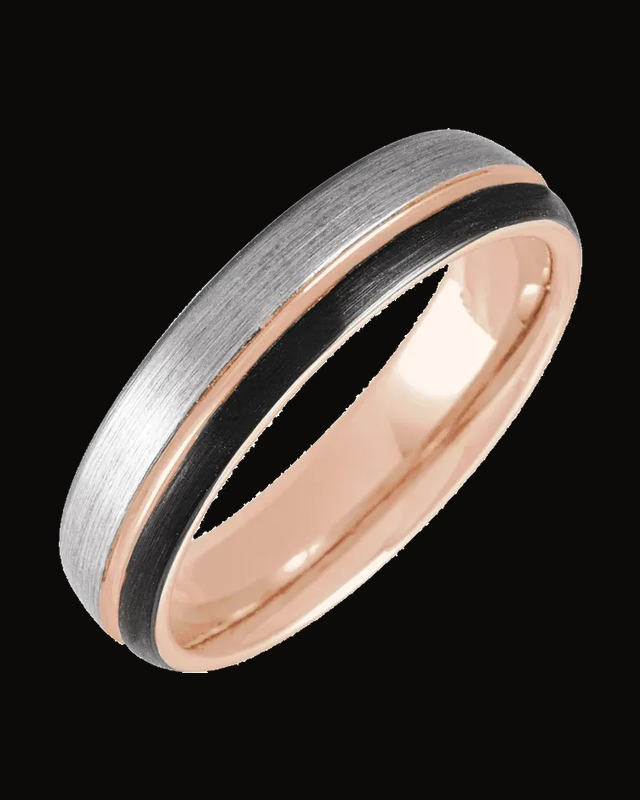 Grooved Comfort-Fit Band Withn 18K Rose Gold Pvd And Black Pvd — 18K Rose Gold PVD & Black PVD Tungsten · 5 mm