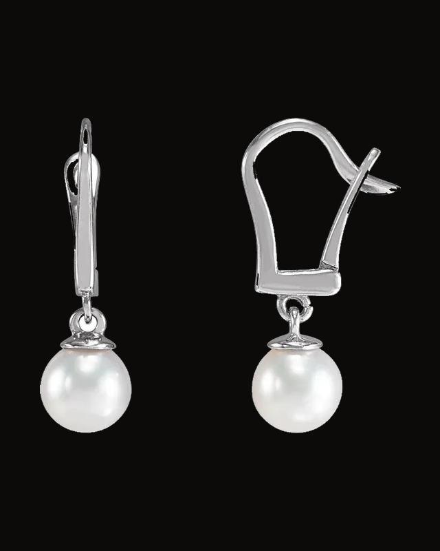 White Freshwater Cultured Pearl Lever Back Earrings — Rhodium-Plated on 14K White Gold
