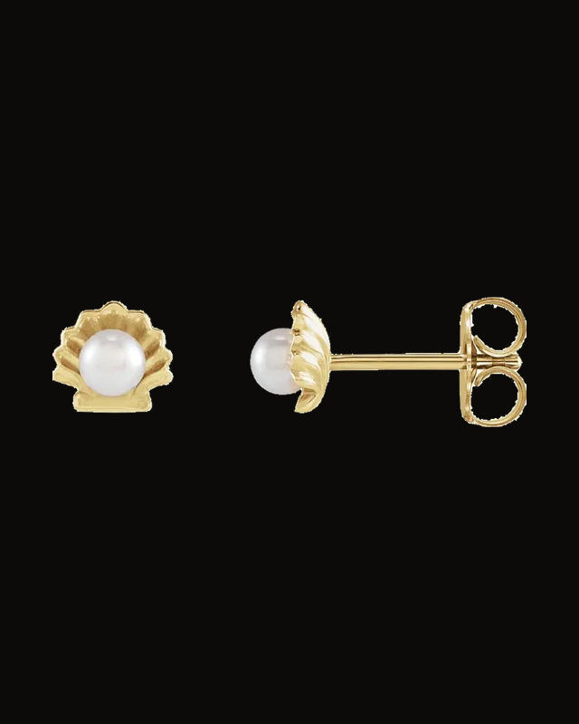 Cultured White Seed Pearl Shell Earrings — 14K Yellow Gold · 3 mm