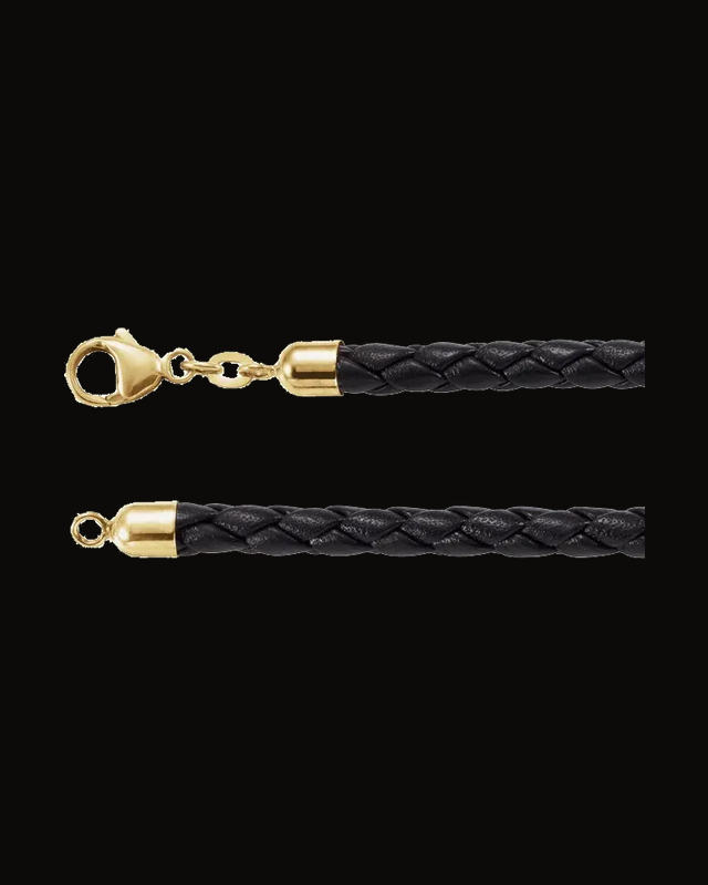 5 mm Black Braided Leather Cord Necklace — 14K Yellow Gold