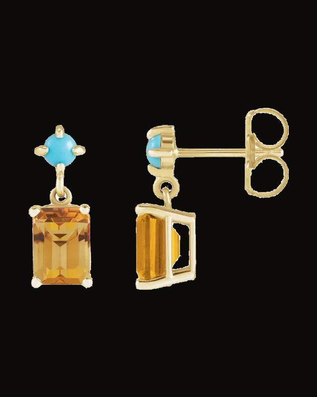 Natural Citrine And Natural Turquoise Cabochon Earrings — 14K Yellow Gold · 7 x 5 mm