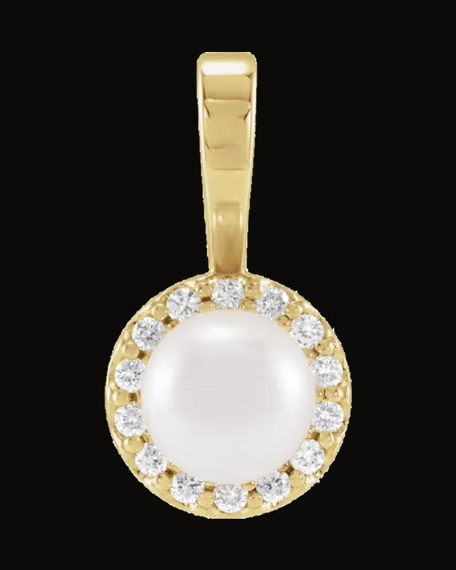 Cultured Akoya Pearl And 1/10 CTW Natural Diamond Halo-Style Pendant — 14K Yellow Gold