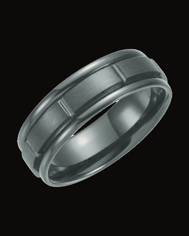 Grooved Comfort-Fit Flat Band with Satin Finish — Black Titanium · 7 mm
