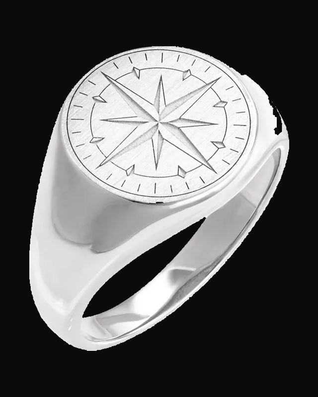 Compass Signet Ring — Sterling Silver · 15 mm