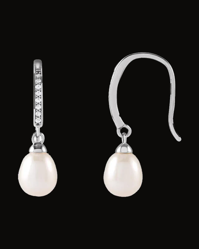 Cultured Freshwater Pearl And Imitation Cz Dangle Earrings — Rhodium-Plated on Rhodium-Plated Sterling Silver