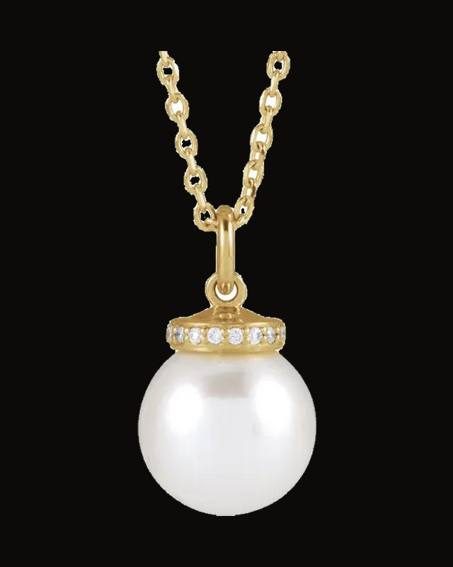 Cultured White Akoya Pearl And 0.04 CTW Natural Diamond Hidden Halo-Style Necklace — 14K Yellow Gold