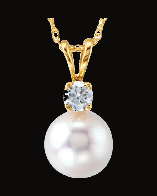 Cultured White Akoya Pearl And 1/10 CTW Natural Diamond Necklace — 14K Yellow Gold
