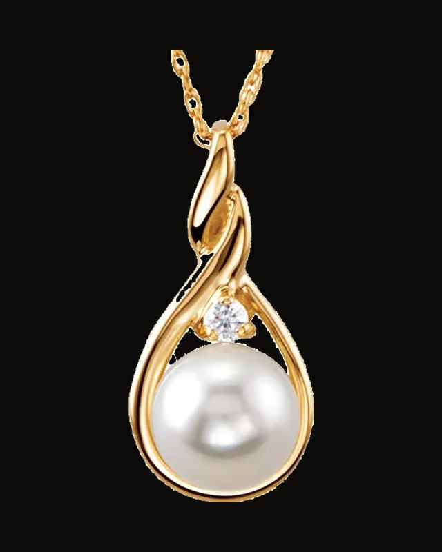 Cultured White Akoya Pearl And 0.03 CTW Natural Diamond Necklace — 14K Yellow Gold