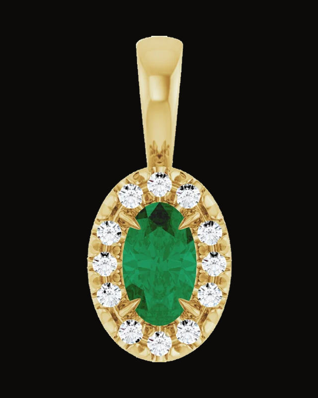 Lab-Grown Emerald And 0.05 CTW Natural Diamond French-Set Halo-Style Pendant — 14K Yellow Gold