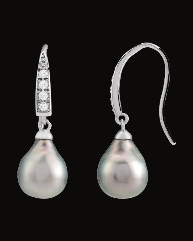 Cultured Tahitian Pearl And Natural Imitation Cz Drop Earrings — Rhodium-Plated on Rhodium-Plated Sterling Silver