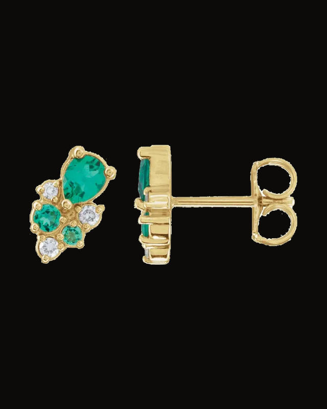 Lab-Grown Emerald And 0.07 CTW Lab-Grown Diamond Cluster Stud Earrings — 14K Yellow Gold