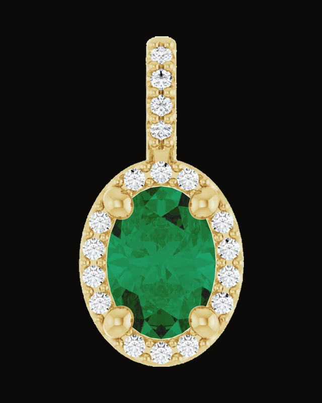 Lab-Grown Emerald And 0.07 CTW Natual Diamond 4-Prong Halo-Style Pendant — 14K Yellow Gold
