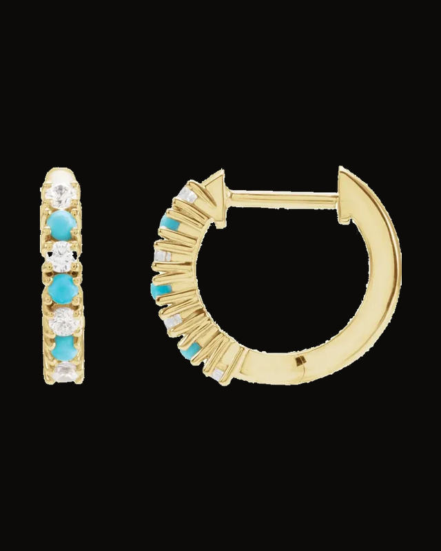 1/3 CTW Natural Diamond And Natural Turquoise Hoop Earrings — 14K Yellow Gold
