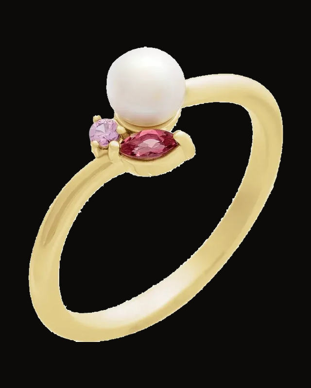 Cultured Akoya Pearl And Natural Pink Tourmaline And Natural Pink Sapphire Ring — 14K Yellow Gold · 7 x 6.75 mm