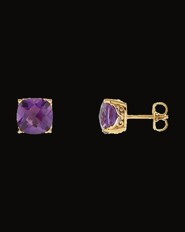 Checkerboard Natural Amethyst Earrings — 14K Yellow Gold · 8 x 8 mm