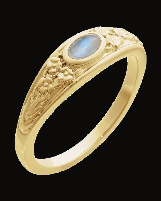 Natural Rainbow Moonstone Floral Bezel Set Cabochon Ring — 14K Yellow Gold · 6.2 x 5.9 mm