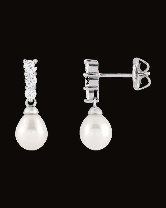 Cultured Freshwater Pearl And Imitation Cz Dangle Earrings — Rhodium-Plated on Rhodium-Plated Sterling Silver