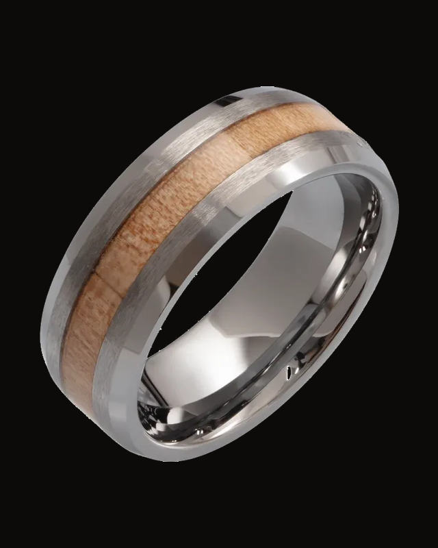 Beveled-Edge Cypress Wood Inlay Comfort-Fit Band — Tungsten