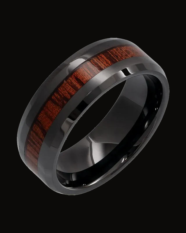 Beveled-Edge Mahogany Wood Inlay Comfort-Fit Band — Black Ceramic