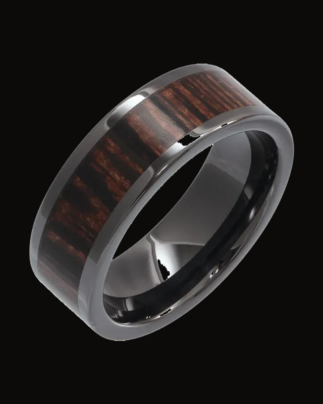 Wenge Wood Inlay Comfort-Fit Flat Band — Black Ceramic