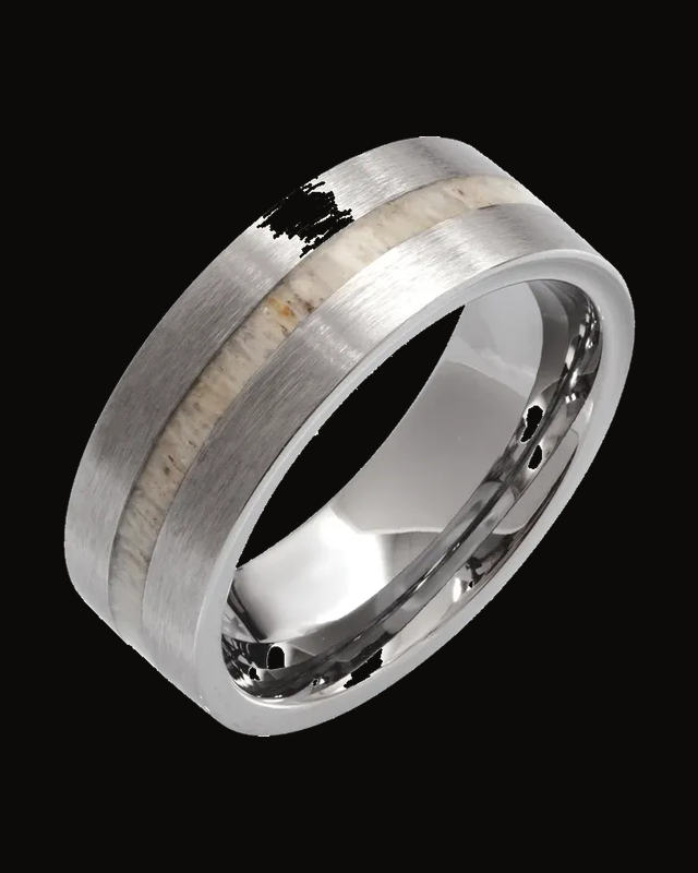 Antler Wood Inlay Comfort-Fit Flat Band with Satin Finish — Tungsten