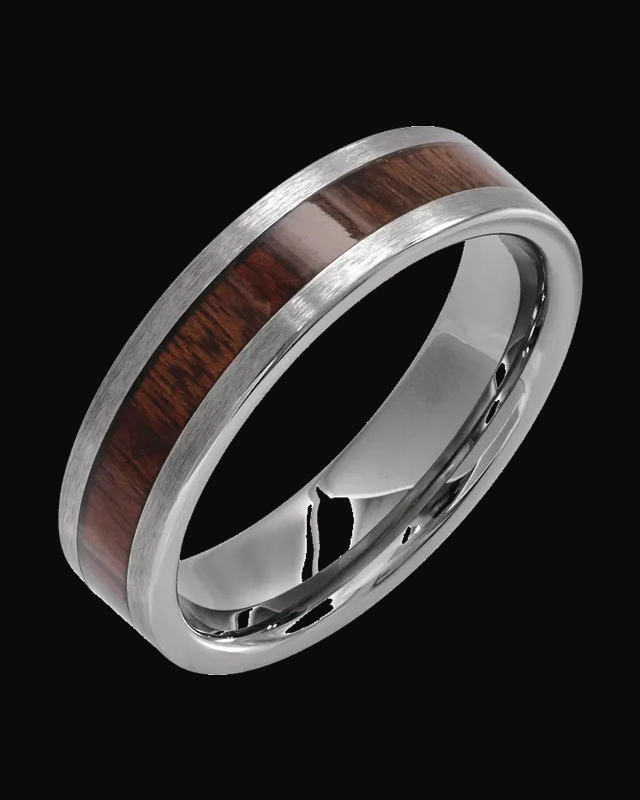 Texas Ebony Wood Inlay Comfort-Fit Flat Band — Tungsten