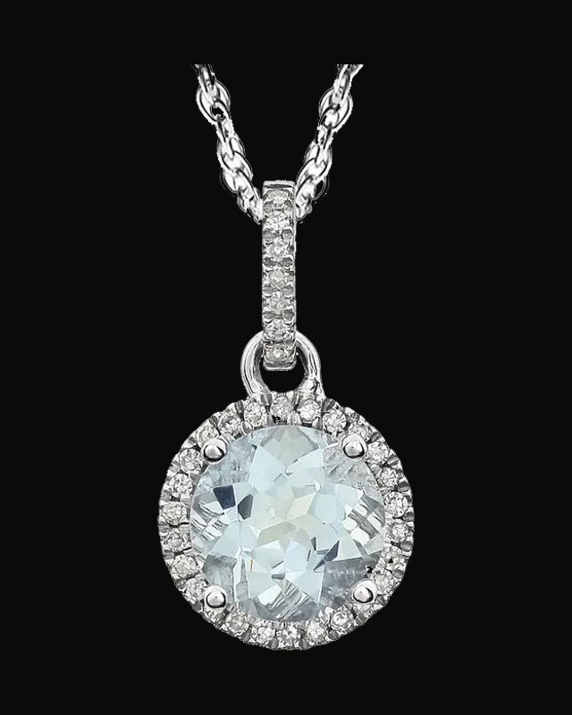 1/10 CTW Natual Aquamarine And Lab-Grown Diamond Halo-Style Necklace — Rhodium-Plated on Sterling Silver