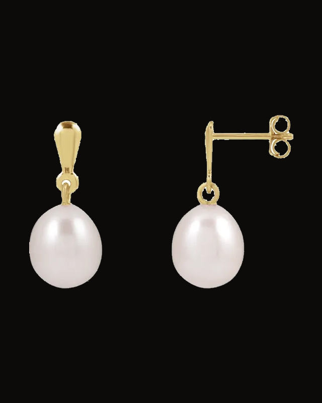 Cultured Freshwater White Pearl Drop Earrings — 14K Yellow Gold