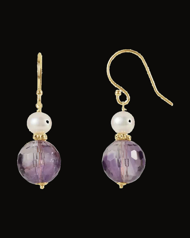 Cultured White Freshwater Pearl And Natural Amethyst Earrings — 14K Yellow Gold · 10 mm