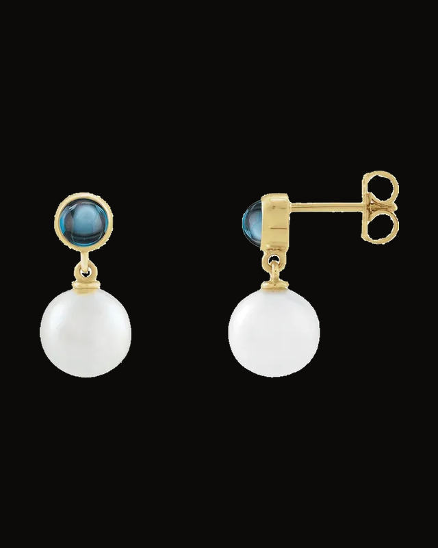 Cultured Pearl And Natural London Blue Topaz Cabochon Drop Earrings — 14K Yellow Gold · 8 mm