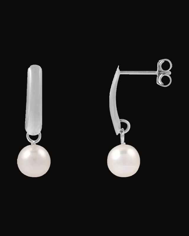Cultured Freshwater White Pearl Drop Earrings — Rhodium-Plated on 14K White Gold