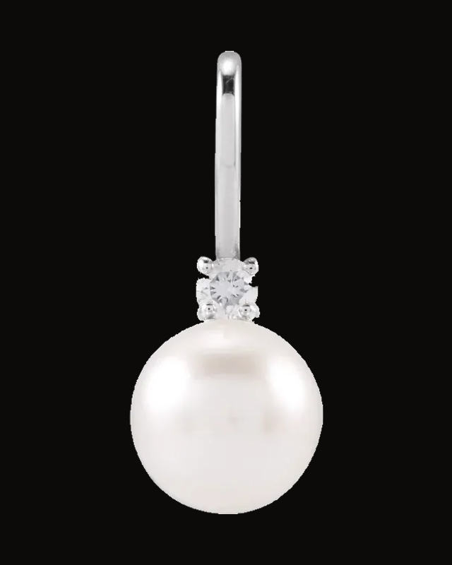 Cultured White Pearl And 0.03 Ct Natural Diamond Charm/Pendant — 14K White / Yellow Gold