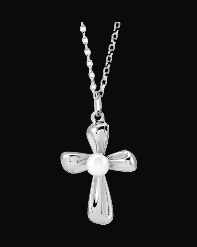 Cultured Freshwater Pearl Cross Necklace — Sterling Silver · 4 mm