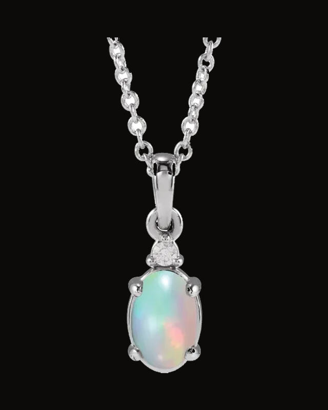 Natural Ethiopian Opal And 0.015 Ct Natural Diamond Cabochon Claw Prong Necklace — Sterling Silver