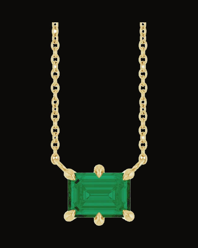 Lab-Grown Emerald 6-Prong Solitaire Necklace — 14K Yellow Gold · 7 x 5 mm