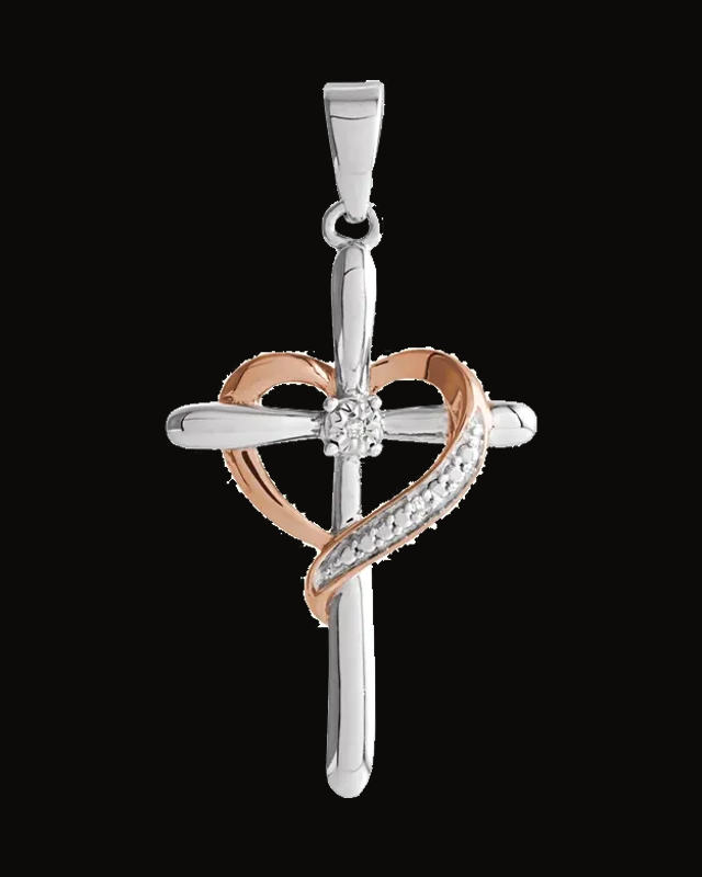0.006 CTW Natural Diamond Heart And Cross Pendant — Rhodium-Plated on Sterling Silver