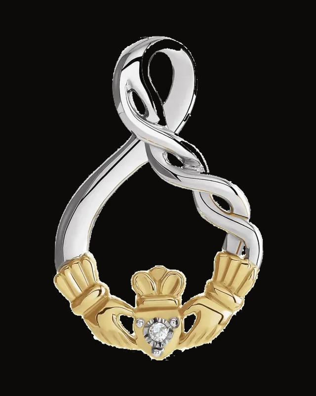 0.01 Ct Natural Diamond Claddagh Pendant — Rhodium-Plated on Sterling Silver & 10K Yellow Gold