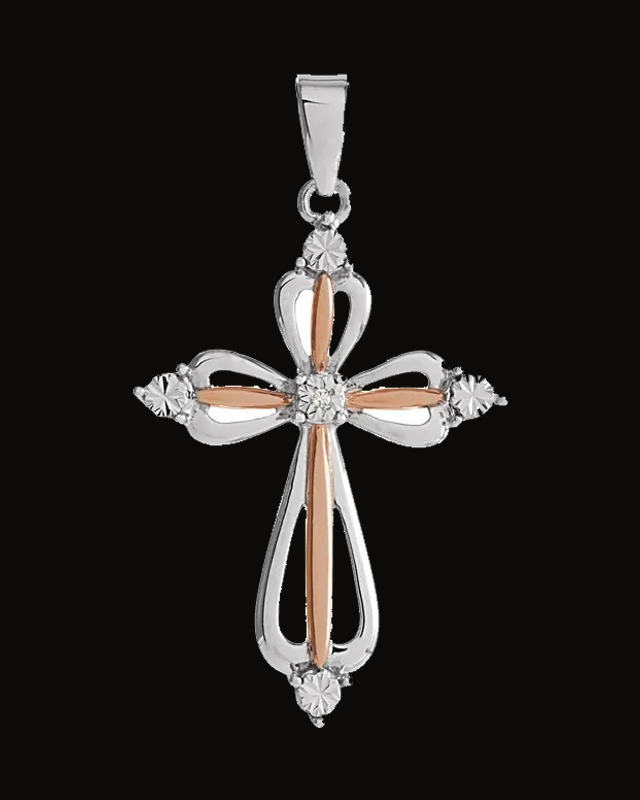 0.03 CTW Natural Diamond Cross Pendant — Rhodium-Plated on 14K Rose Gold-Plated Sterling Silver · 0.003
