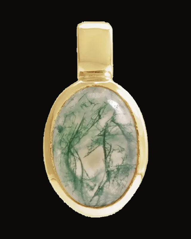 Natural Moss Agate Cabochon Bezel Charm/Pendant — 14K Yellow Gold · 7 x 5 mm