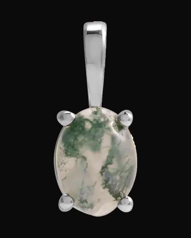 Natural Moss Agate 4-Prong Cabochon Basket Pendant — Sterling Silver · 8 x 6 mm