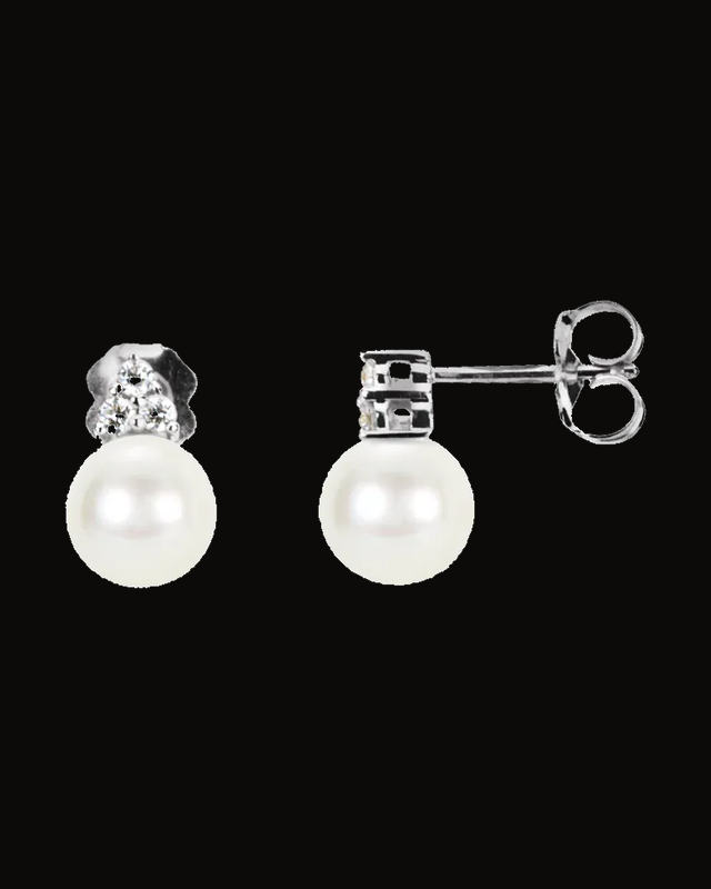Cultured White Freshwater Pearl And 1/10 CTW Natural Diamond Earrings — Rhodium-Plated on 14K White Gold