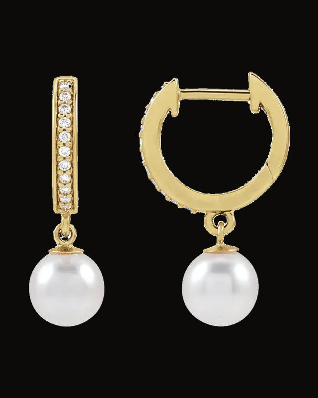 Cultured Whtie Freshwater Pearl And 1/10 CTW Natural Diamond Hoop Earrings — 14K Yellow Gold