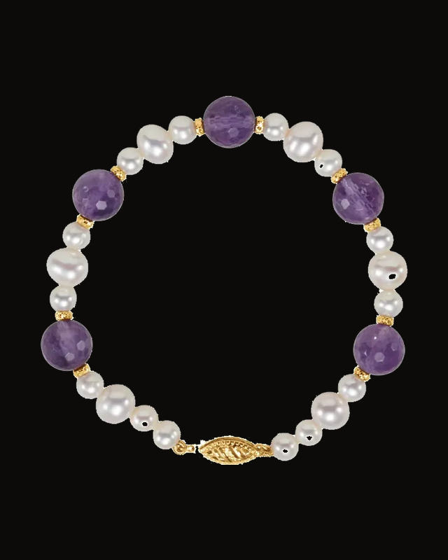 Natural Amethyst And Cultured White Freshwater Pearl Bracelet — 14K Yellow Gold · 10 mm