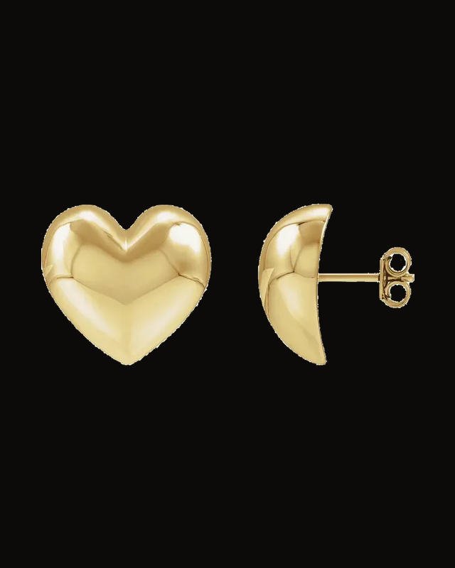 Electroform Puffed Heart Stud Earrings — 14K Yellow Gold