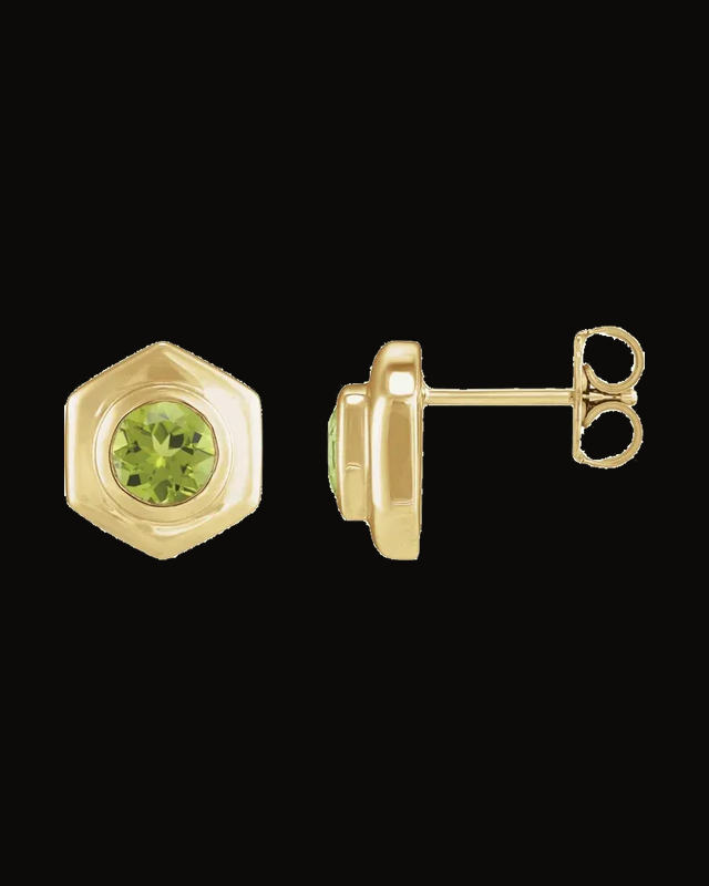 Natural Peridot Geometric Solitaire Bezel Set Earrings — 14K Yellow Gold · 5 mm