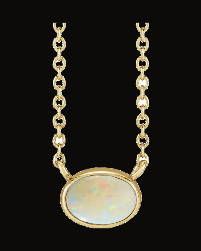 Lab-Grown White Opal Cabochon Solitaire Necklace — 14K Yellow Gold · 8 x 6 mm