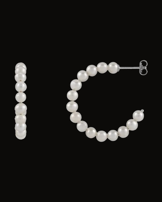 Cultured Freshwater Pearl Hoop Earrings — Rhodium-Plated on Sterling Silver