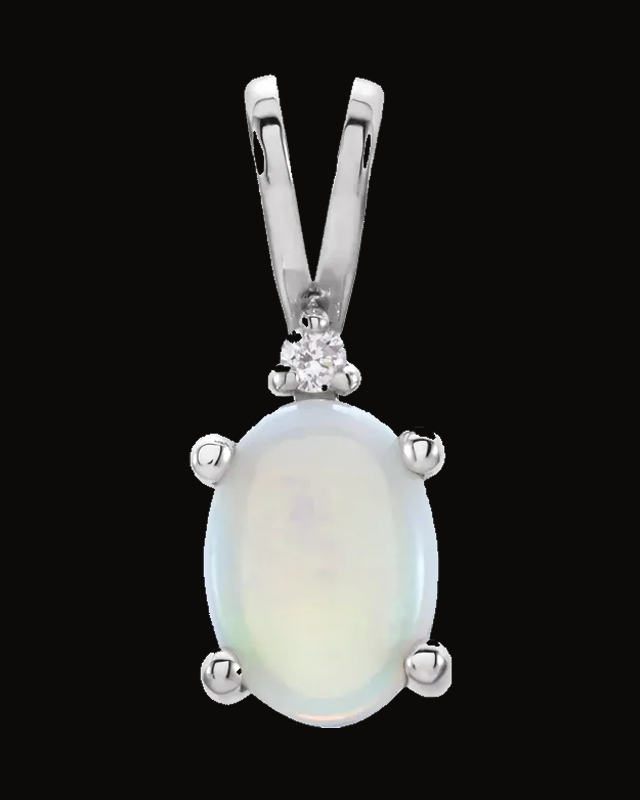 Natural Opal And 0.01 Ct Natural Diamond Pendant — Rhodium-Plated on 14K White Gold