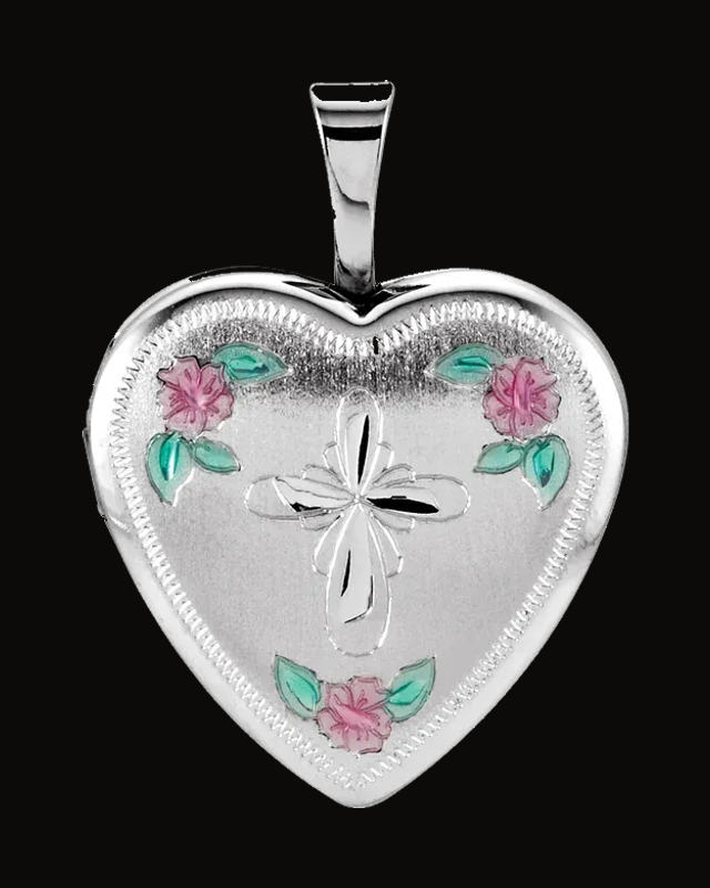 Enamel Roses & Cross Heart Locket